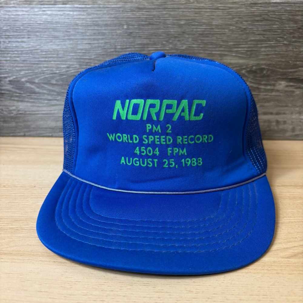 Vintage Norpac Hat Cap Snapback Blue Trucker World Speed Record 1988